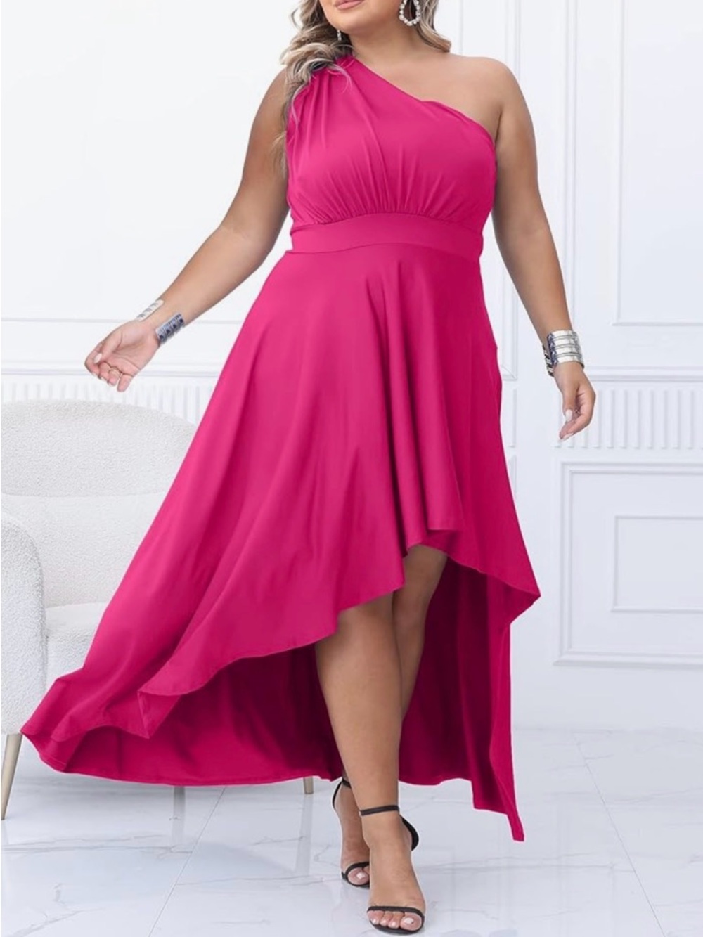 Hot Pink One Shoulder High Low Flowy Formal Party Dress XL
